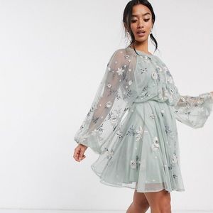 Asos edition floral beaded mesh dress with balloon sleeves